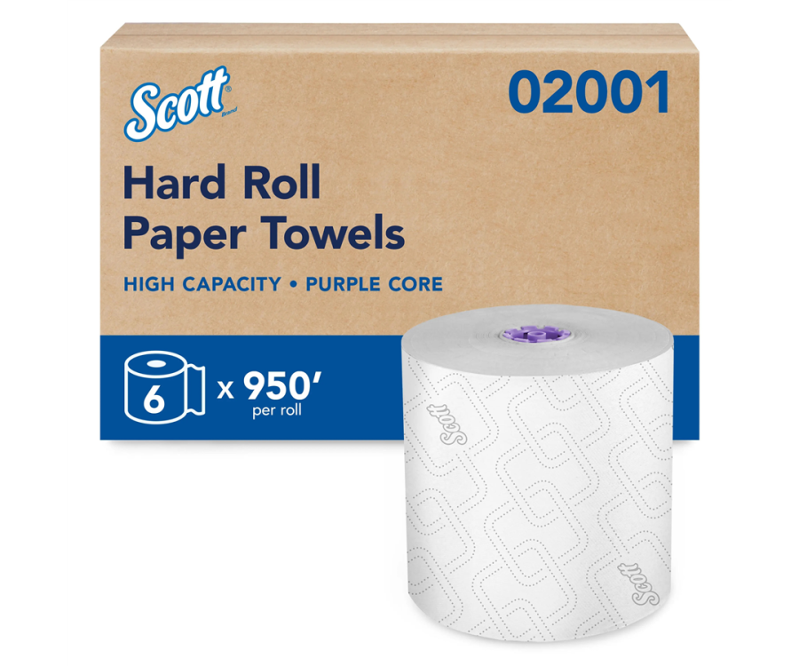 Diagonal elevated view of six patterned Scott paper towel rolls placed upright in two rows of three Scott Essential White High-Capacity Hard Roll Paper Towels (8 in. x 950 ft., 6 RL/CS)